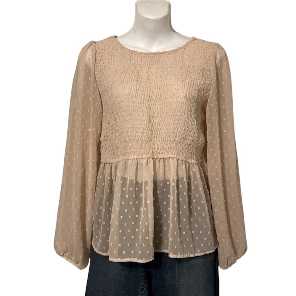 Frances Day Sheer Textured Nude Color Smocked Elastic Panel Long Sleeve Top